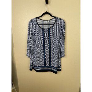 Croft & Barrow Womens 1X Blue Black 3/4 Sleeve Top Geometric Floral Polyester